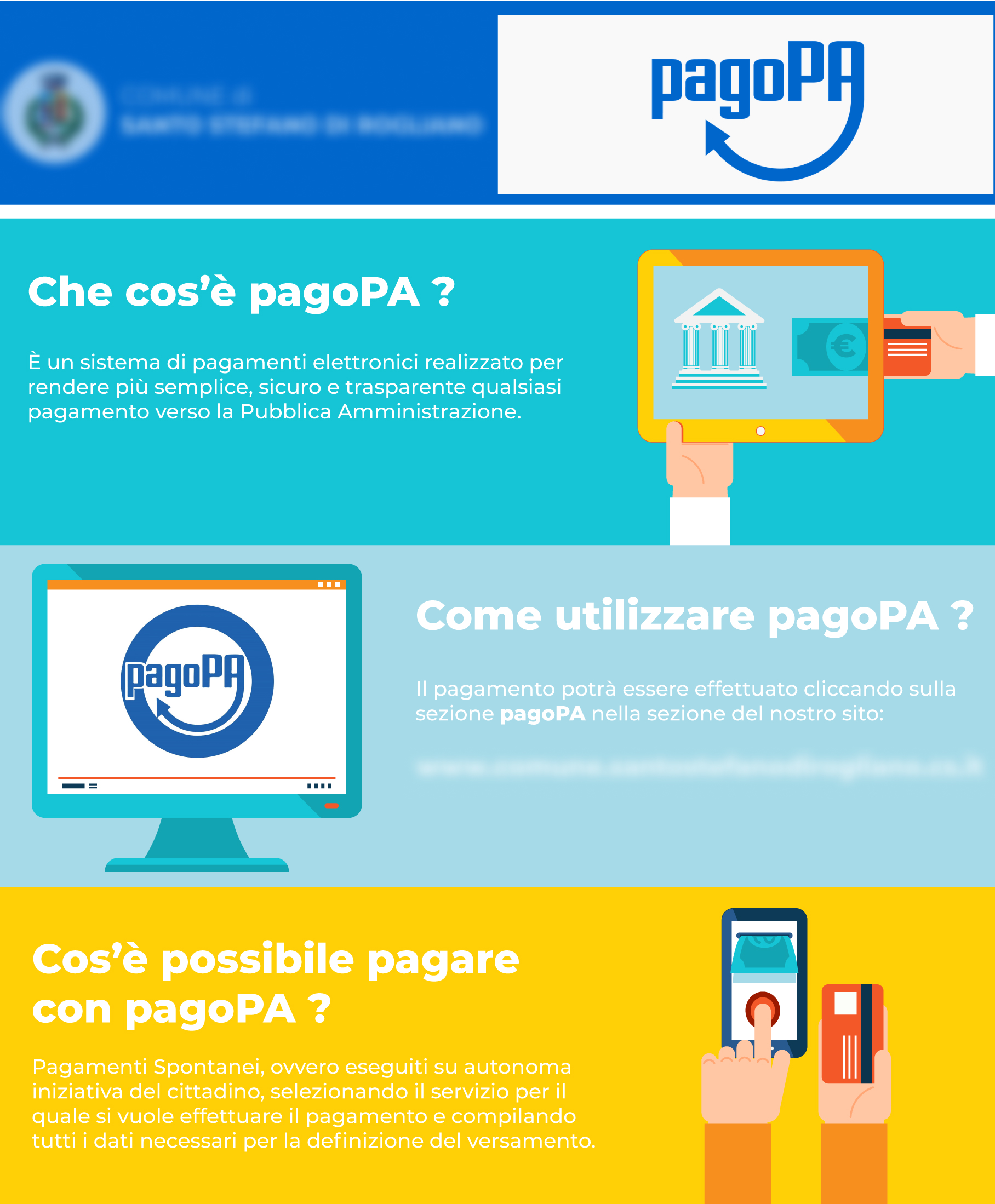 L&#x27;immagine riporta un&#x27;informativa comunale relativa all&#x27;utilizzo della piattaforma pagoPA. Sono presenti due errori grafici, rispettivamente l’utilizzo del logo senza la spaziatura di sicurezza attorno ad esso e l&#x27;errata applicazione del logo pagoPA.